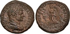 Roman Imperial Caracalla. AD 198-217. Æ As (26mm, 12.22 g, 10h). British Victory type. Rome mint. Struck AD 214. Laureate, draped, and cuirassed bust right / Victory standing left, holding trophy in b