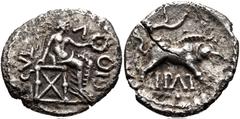 CELTIC, Britain. Trinovantes & Catuvellauni . Epaticcus. Circa AD 35-43. AR Unit (13mm, 1.21 g, 9h). Victory seated right on chair, holding wreath / Boar charging right below tree. Van Arsdell 581-1; 