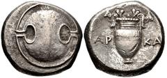BOEOTIA, Thebes. Circa 395-338 BC. AR Stater (21mm, 12.14 g). Arka-, magistrate. Struck circa 368-364 BC. Boeotian shield / Amphora, two ivy leaves on each handle; AP-KA across central field; all with