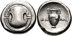 BOEOTIA, Thebes. Circa 395-338 BC. AR Stater (22mm, 12.12 g). Kalli-, magistrate. Struck circa 363-338 BC. Boeotian shield / Amphora; KA-ΛΛI across field; all within concave circle. Hepworth 63; BCD B