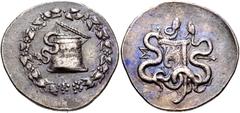LYDIA, Sardes. Circa 166-67 BC. AR Tetradrachm (30mm, 12.54 g, 12h). Cistophoric type. Circa 150-135 BC. Cista mystica with serpent; all within ivy wreath / Bow-case with serpents; monogram to left fi