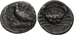 Greek SICILY, Akragas. Circa 450-440 BC. AR Litra (9.5mm, 0.54 g, 11h). Eagle standing left on Ionic capital / Crab; ΛI (mark of value) below. Westermark, Coinage, Period II, Series B.1; HGC 2, 121. T
