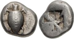 Greek ISLANDS off ATTICA, Aegina. Circa 550-530/25 BC. AR Stater (20mm, 12.24 g). Sea turtle, head in profile, with thick collar and row of dots down its back / Deep incuse square of proto-"Union Jack