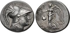 Greek PAMPHYLIA, Side. Circa 205-100 BC. AR Tetradrachm (28mm, 16.74 g, 12h). Dem–, magistrate. Helmeted head of Athena right / Nike advancing left, holding wreath; pomegranate to left, ΔH-M across fi