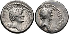 Mark Antony and Cleopatra. Autumn 34 BC. AR Denarius (18mm, 2.99 g, 12h). Alexandria mint. Bare head of Mark Antony right; behind, three-pointed Armenian tiara right / Diademed and draped bust of Cleo