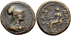 LYDIA, Sala. Pseudo-autonomous issue. Time of Trajan, AD 98-117. Æ (19mm, 5.85 g, 1h). Helmeted bust of Athena right, wearing aegis / Cybele seated left, holding phiale, resting elbow on tympanum; lio