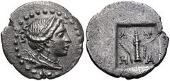 LYCIA, Masikytes. 1st century BC. AR 1/4 Drachm (12mm, 0.86 g, 12h). Draped bust of Artemis right, quiver at shoulder / Quiver; branch to left, uncertain object to right; all within incuse square. Tro