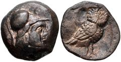 BAKTRIA, Pre-Seleukid Era. Sophytes. Circa 305-294 BC. Æ (12mm, 1.60 g, 7h). Helmeted head of Athena right / Owl standing right, head facing. Cf. Bopearachchi, Sophytes 4 (diobol); SNG ANS 27 (diobol)