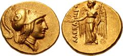 Greek KINGS of MACEDON. Alexander III 'the Great'. 336-323 BC. AV Stater (19mm, 8.61 g, 12h). Tarsos mint. Struck under Balakros or Menes, circa 332/1-327 BC. Helmeted head of Athena right, coiled ser