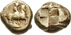 Greek MYSIA, Kyzikos. Circa 450-330 BC. EL Stater (17mm, 15.84 g). Thessalian cavalryman, wearing kausia, on horse rearing right; below, tunny right / Quadripartite incuse square. Von Fritze I 168; Bo