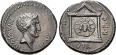 Roman Republican The Triumvirs. Mark Antony. 42 BC. AR Denarius (17mm, 3.65 g, 1h). Military mint traveling with Antony in Greece. Bare head right, wearing beard / Facing head of Sol on disk within di