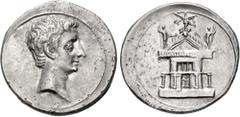 Roman Republican The Triumvirs. Octavian. Autumn 30-summer 29 BC. AR Denarius (20mm, 3.69 g, 10h). Uncertain mint in Italy (Rome?). Bare head right / IMP • CAESAR on the architrave of the Roman Senate