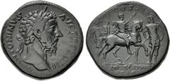 Roman Imperial Marcus Aurelius. AD 161-180. Æ Sestertius (32mm, 24.93 g, 6h). Rome mint. Struck AD 169. Laureate head right / Marcus Aurelius on horseback right, holding spear and reins; to left, thre