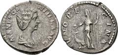 Roman Imperial Manlia Scantilla. Augusta, AD 193. AR Denarius (18mm, 2.95 g, 11h). Rome mint. Struck under Didius Julianus. Draped bust right / Juno standing left, holding patera and vertical scepter;