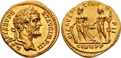 Roman Imperial Septimius Severus. AD 193-211. AV Aureus (20mm, 7.24 g, 12h). Rome mint. Struck AD 194. L SEPT SEV PE RT AVG IMP III, laureate head right / DIS • AVSPICIB T R P • II, COS • II • P P in 