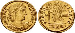 Roman Imperial Constantine II. AD 337-340. AV Solidus (21mm, 4.46 g, 5h). Antioch mint. CONSTAN TINVS AVG, laureate, draped, and cuirassed bust right / VICTO RIA AVG, Victory advancing left, holding g