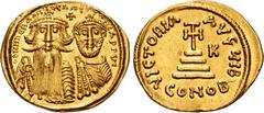 Byzantine Heraclius, with Heraclius Constantine. 610-641. AV Solidus (21.5mm, 4.45 g, 6h). Constantinople mint, 10th officina. Struck 629-631. Crowned facing busts of Heraclius and Heraclius Constanti