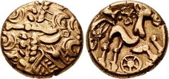 British CELTIC, Atrebates & Regni. Commius. Circa 45-30 BC. AV Stater (16mm, 5.48 g, 12h). Commios Muzzles type (Atrebatic C). Southern mint. Struck circa 30-25 BC. Devolved head of Apollo right, with