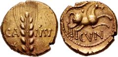 British CELTIC, Trinovantes & Catuvellauni. Cunobelin. Circa AD 10-43. AV Stater (16mm, 5.32 g, 8h). Linear type (Trinovantian U). Camulodunum mint. Grain ear with central linear stalk; CA MV flanking