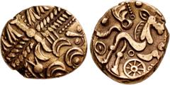 British CELTIC, Belgae(?). Uninscribed. Circa 50-20 BC. AV Stater (17mm, 5.32 g, 4h). Ladder Mane type. Devolved head of Apollo right with two 'hidden face' motifs / Disjointed horse left right with '