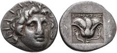 ISLANDS off CARIA, Rhodos. Rhodes . Circa 170-150 BC. AR Hemidrachm (12mm, 1.32 g, 12h). ‘Plinthophoric’ coinage. Dionysios, magistrate. Radiate head of Helios facing slightly right / Rose with bud to