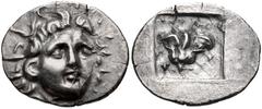 ISLANDS off CARIA, Rhodos. Rhodes . Circa 125-88 BC. AR Hemidrachm (14mm, 1.19 g, 12h). ‘Plinthophoric’ coinage. Antaios, magistrate. Radiate head of Helios facing slightly right / Rose with bud to le