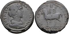 LYDIA, Thyateira. Plautilla. Augusta, AD 202-205. Æ (37mm, 20.45 g, 6h). Diademed and draped bust right / Apollo Tyrimnos(?), holding double-headed axe (labrys), on horseback left. SNG Copenhagen -; S