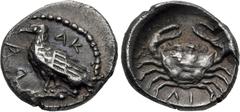 Greek SICILY, Akragas. Circa 450-440 BC. AR Litra (9mm, 0.58 g, 7h). Eagle standing left on Ionic capital / Crab; ΛI (mark of value) below. Westermark, Coinage, Period II, Series B.1 (unlisted dies); 