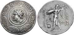 Greek KINGS of MACEDON. temp. Antigonos II Gonatas – Demetrios II Aitolikos. 246/5-229 BC. AR Tetradrachm (31mm, 17.05 g, 7h). Amphipolis or Pella mint. Horned head of Pan left, lagobolon over shoulde