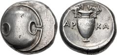 Greek BOEOTIA, Thebes. Circa 368-364 BC. AR Stater (21.5mm, 12.17 g). Arka-, magistrate. Boeotian shield / Amphora, ivy leaves on handles; AR-KA across central field; all within concave circle. Hepwor