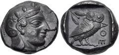 Greek ATTICA, Athens. Circa 454-404 BC. AR Tetradrachm (24mm, 17.15 g, 12h). Helmeted head of Athena right, with frontal eye / Owl standing right, head facing, closed tail feathers; olive sprig and cr
