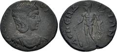 Roman Provincial PAMPHYLIA, Aspendus. Julia Soaemias. Augusta, AD 218-222. Æ (24.5mm, 5.50 g, 6h). Draped bust right wearing stephane / Herakles standing facing, head left, resting hand on club and ho