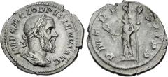 Roman Imperial Pupienus. AD 238. AR Denarius (21mm, 2.71 g, 11h). Rome mint. 1st emission. Laureate, draped, and cuirassed bust right / Felicitas standing left, holding caduceus and scepter. RIC IV 6;