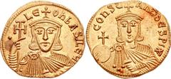 Leo V the Armenian, with Constantine. 813-820. AV Solidus (19mm, 4.40 g, 6h). Constantinople mint. LЄ On ЬASILЄЧ’, crowned and draped half-length bust of Leo facing, holding cross potent and akakia; p
