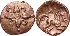 CELTIC, Britain. Trinovantes & Catuvellauni . Addedomaros. Circa 40-30 BC. AV Quarter Stater (12mm, 1.36 g). Second coinage. Cross-shaped floral design with pellet-in-annulet in center, annulets betwe