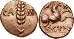 CELTIC, Britain. Trinovantes & Catuvellauni . Cunobelin. Circa AD 10-43. AV Stater (17mm, 5.49 g, 1h). Wild type. Camulodunum mint. Grain ear; CA-MV across field, pellet above [A] and M / Horse pranci