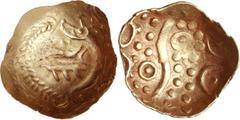 CELTIC, Britain. North-Eastern series ('Corieltauvi') . Uninscribed. Circa 50 BC - AD 30. AV Quarter Stater (17mm, 1.43 g). Scyphate type. Schematic boar left within serpent-headed torque / Large S-sp
