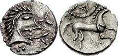CELTIC, Britain. Iceni . Uninscribed. Circa 65-1 BC. AR Unit (13mm, 1.21 g, 3h). Normal Face-Horse type. Struck circa 45-5 BC. Celticized head right; [branch to left], two trefoils to right, three pel
