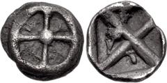 ATTICA, Athens. Circa 515-510 BC. AR Hemiobol (7mm, 0.32 g). Wappenmünzen type. Wheel of four spokes / Quadripartite incuse square, divided diagonally. Cf. Seltman pl. IV, ρ (obol); cf. SNG Copenhagen