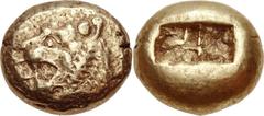 KINGS of LYDIA. “Walwel” (Alyattes). Circa 610-560 BC. EL 1/3 Stater – Trite (12mm, 4.68 g). Sardes mint. Head of roaring lion left; √ ¡ ©√e© upward on left (partially visible) / Double incuse square 