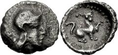 LYCIA, Tlos. Circa 400-390 BC. AR Hemiobol (7mm, 0.24 g, 3h). Helmeted head of Athena right / Lion standing right, raising forepaw. Peus 324, lot 224; otherwise unpublished. Good VF, toned, light poro