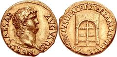 Nero. AD 54-68. AV Aureus (18mm, 7.38 g, 9h). Rome mint. Struck circa AD 64-65. NERO CAESAR AVGVSTVS, laureate head right / IANVM CLVSIT PACE P R TERRA MARIQ PARTA, closed doors of the Temple of Janus