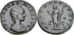 Julia Soaemias. Augusta, AD 218-222. Æ Sestertius (29mm, 26.74 g, 12h). Rome mint. Struck under Elagabalus, AD 220-222. Draped bust right, wearing stephane / Venus Caelestis standing left, holding app