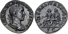 Philip II. AD 247-249. Æ Sestertius (28mm, 18.71 g, 12h). Rome mint, 3rd officina. 11th emission of Philip I, AD 249. Laureate, draped, and cuirassed bust right / Philip I and Philip II seated left, e