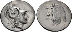 Greek PAMPHYLIA, Side. Circa 205-100 BC. AR Tetradrachm (31mm, 16.73 g, 12h). Dio(d)–, magistrate. Helmeted head of Athena right; c/m: ΣYN and bow-in-bowcase within incuse circle / Nike advancing left