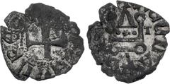 Early Medieval CRUSADERS, Principality of Achaea. Uncertain. 14th-15th century. BI Denier (15mm, 0.75 g). Contemporary imitation. [...]ЄL RЄ[...], short cross pattée / DЄ CLARЄ[...], chatel tournois w