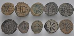 Large Lots BYZANTINE. Lot of ten (10) bronze issues. Includes: Justinian I. Æ Half Follis (2) // Justin II. Æ Half Follis // Tiberius II Constantine. Æ Follis // Maurice Tiberius. Æ Follis // Phocas. 