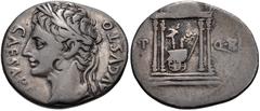 Augustus. 27 BC-AD 14. AR Denarius (20mm, 3.74 g, 5h). Spanish (Colonia Patricia?) mint. Struck circa 18 BC. Laureate head left / Temple of Mars Ultor: round-domed, tetra-style temple set on podium of