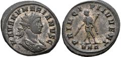 Numerian. As Caesar, AD 282-283. Antoninianus (21mm, 3.32 g, 6h). Rome mint, 4th officina. 2nd emission, December AD 282. Radiate, draped, and cuirassed bust right / Prince standing left, holding bato