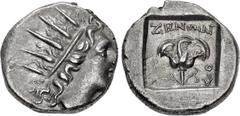 Greek ISLANDS off CARIA, Rhodos. Rhodes. Circa 88-84 BC. AR Drachm (14.5mm, 2.83 g, 12h). 'Plinthophoric' coinage. Zenon, magistrate. Radiate head of Helios right / Rose with bud to right; ZHNΩN above